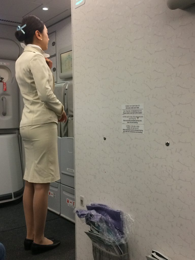 Stewardess in Beige im Flugzeug steht abgewandt und richtet ihr Halstuch.