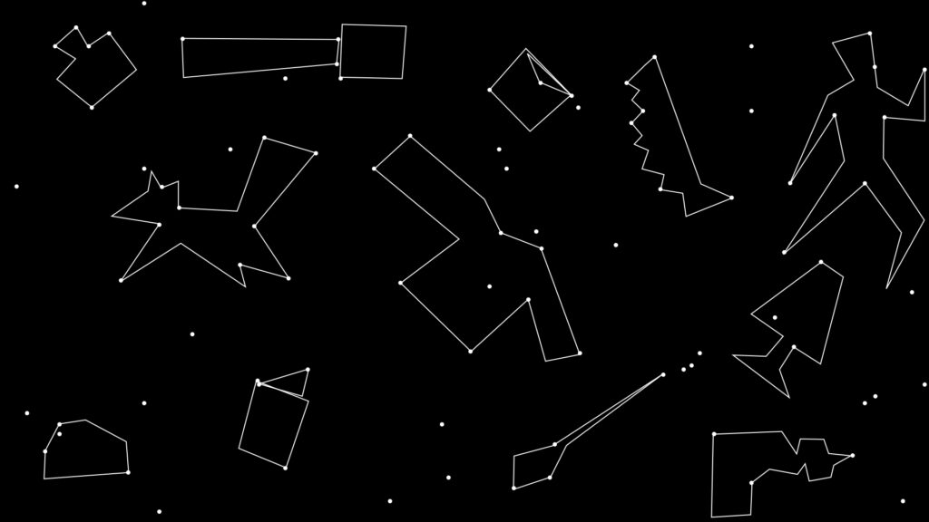 Weiße Punkte auf schwarzem Grund dienen als imaginäre Sternbilder: z.B. Pullover, Säge, Person…